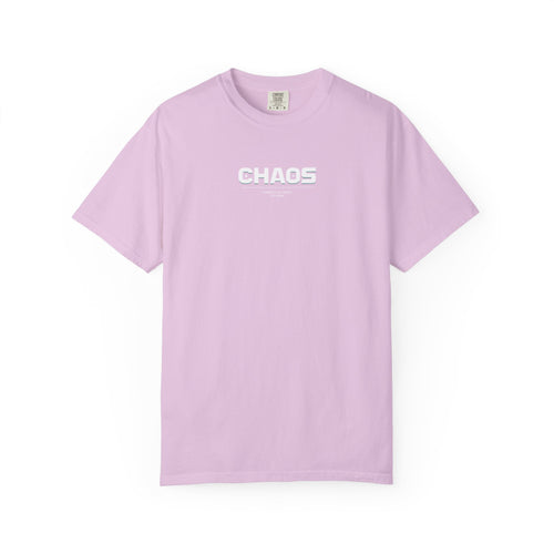 Chaos Graphic T-Shirt — Minimal White Logo on Pink Garment-Dyed Tee